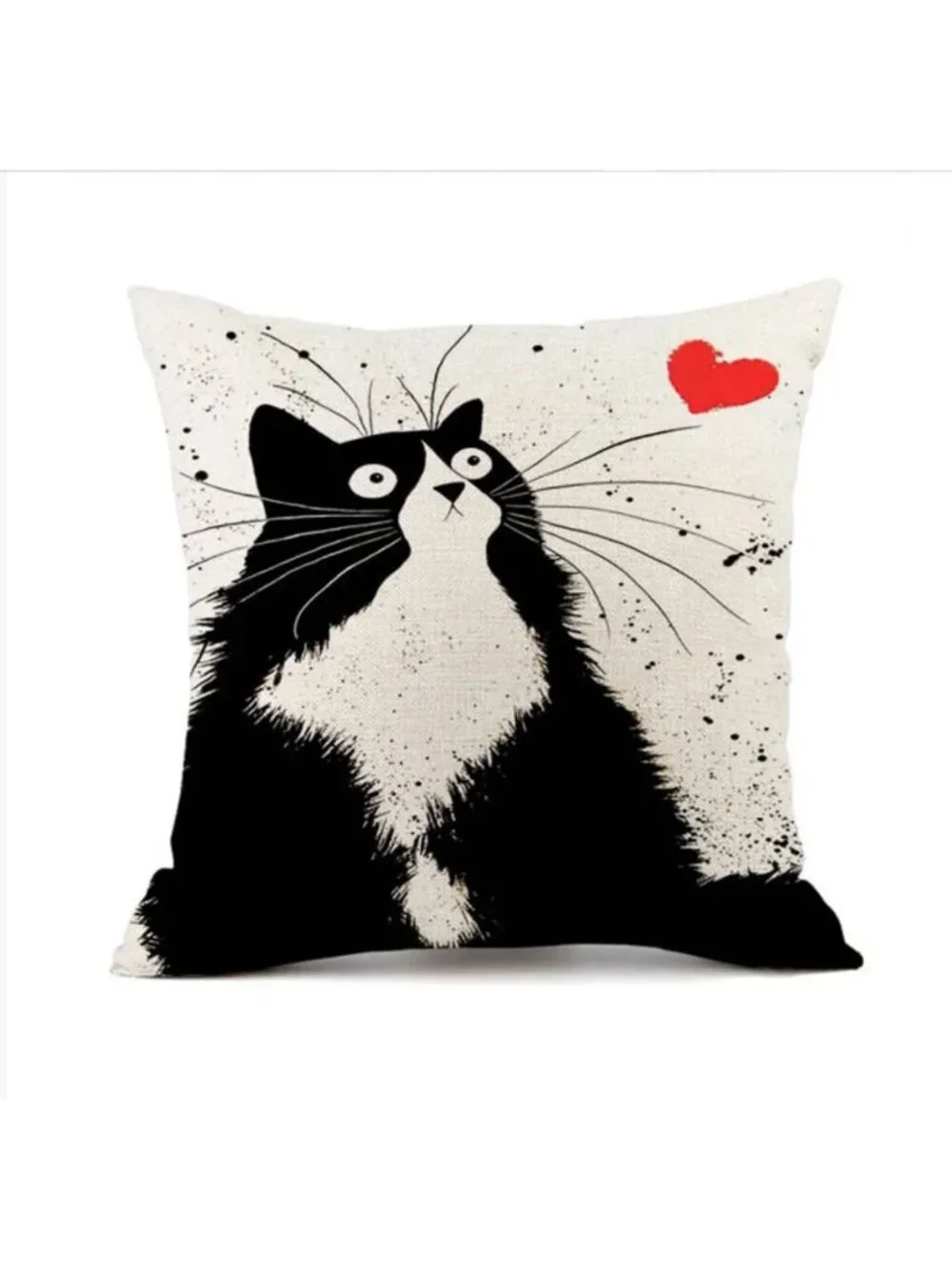 Cute Fluffy Black Confetti Cat with Heart Linen Pillow Cover 18